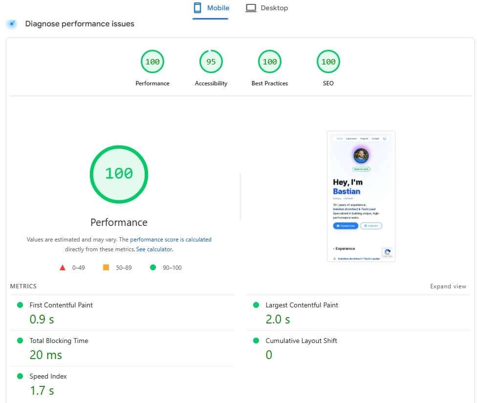 Lighthouse performance score 100